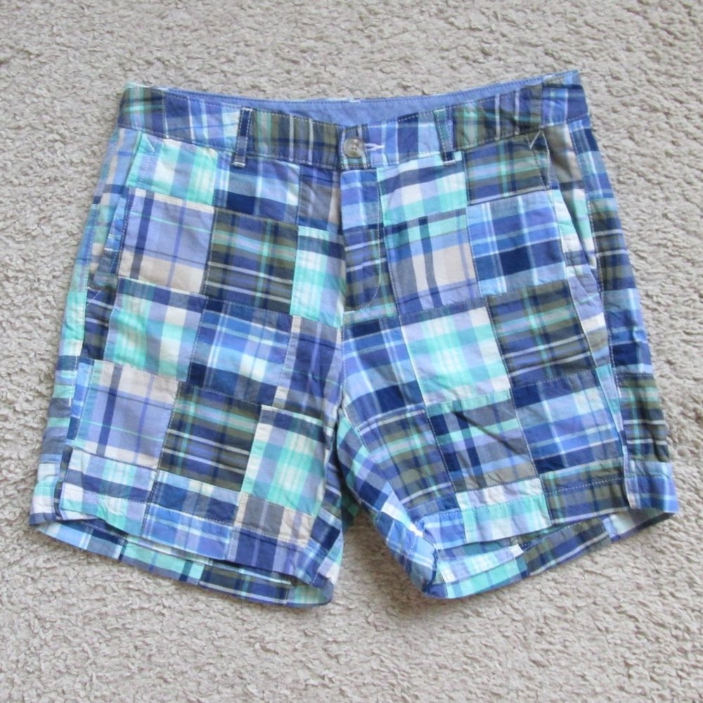 L.L. BEAN WOMENS FAVORITE FIT BLUE LAKEWASHED PATCHWORK CHINO SHORTS SZ 6